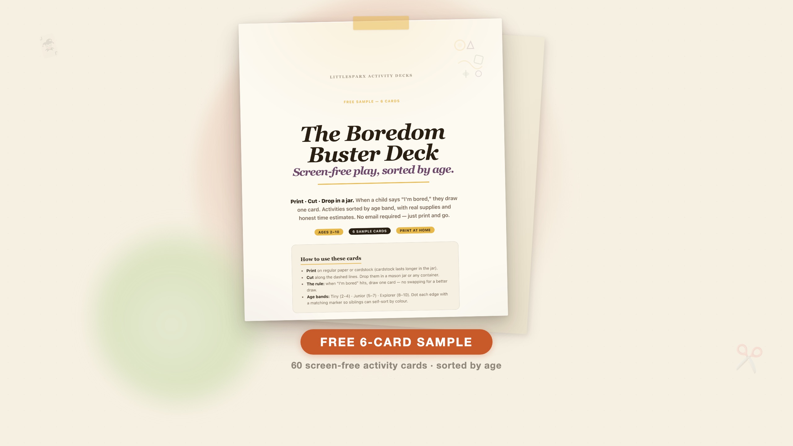 Boredom Buster Deck free 6-card sample printable — cover page showing print-cut-drop-in-a-jar activity cards sorted by age band