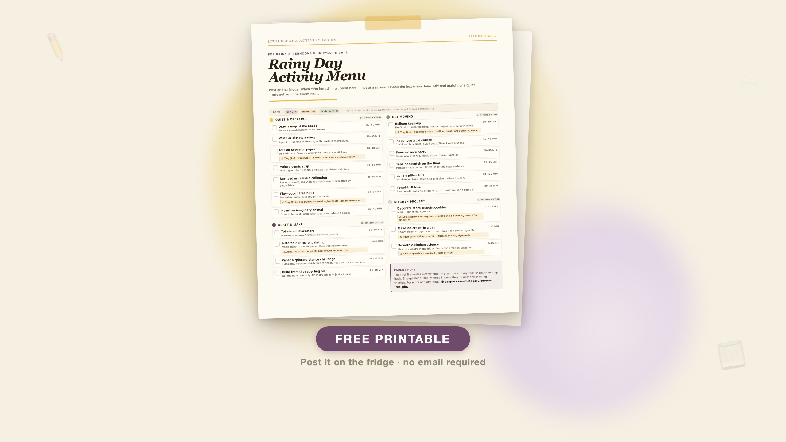 Rainy Day Activity Menu free printable — one-page fridge chart with 20 screen-free activities, checkboxes, and safety flags for ages 2–10
