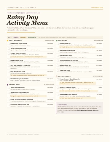 Rainy Day Activity Menu printable preview