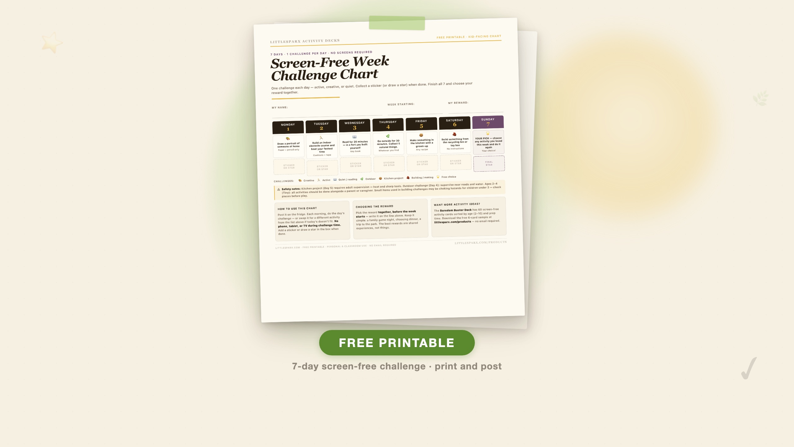 Screen-Free Week Challenge Chart free printable — 7-day tracker with one activity per day, sticker boxes, and space for an agreed reward